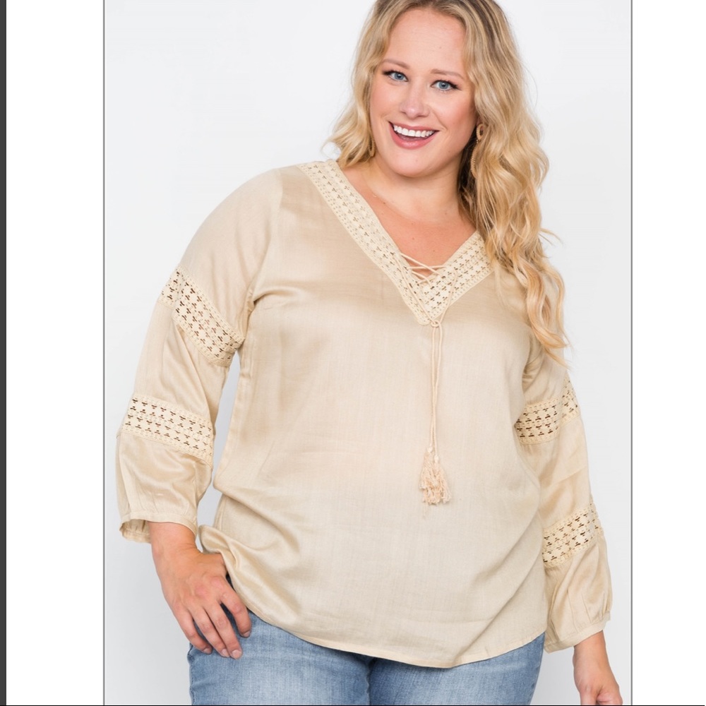 Almond Crochet Trim V-Neck Boho Top